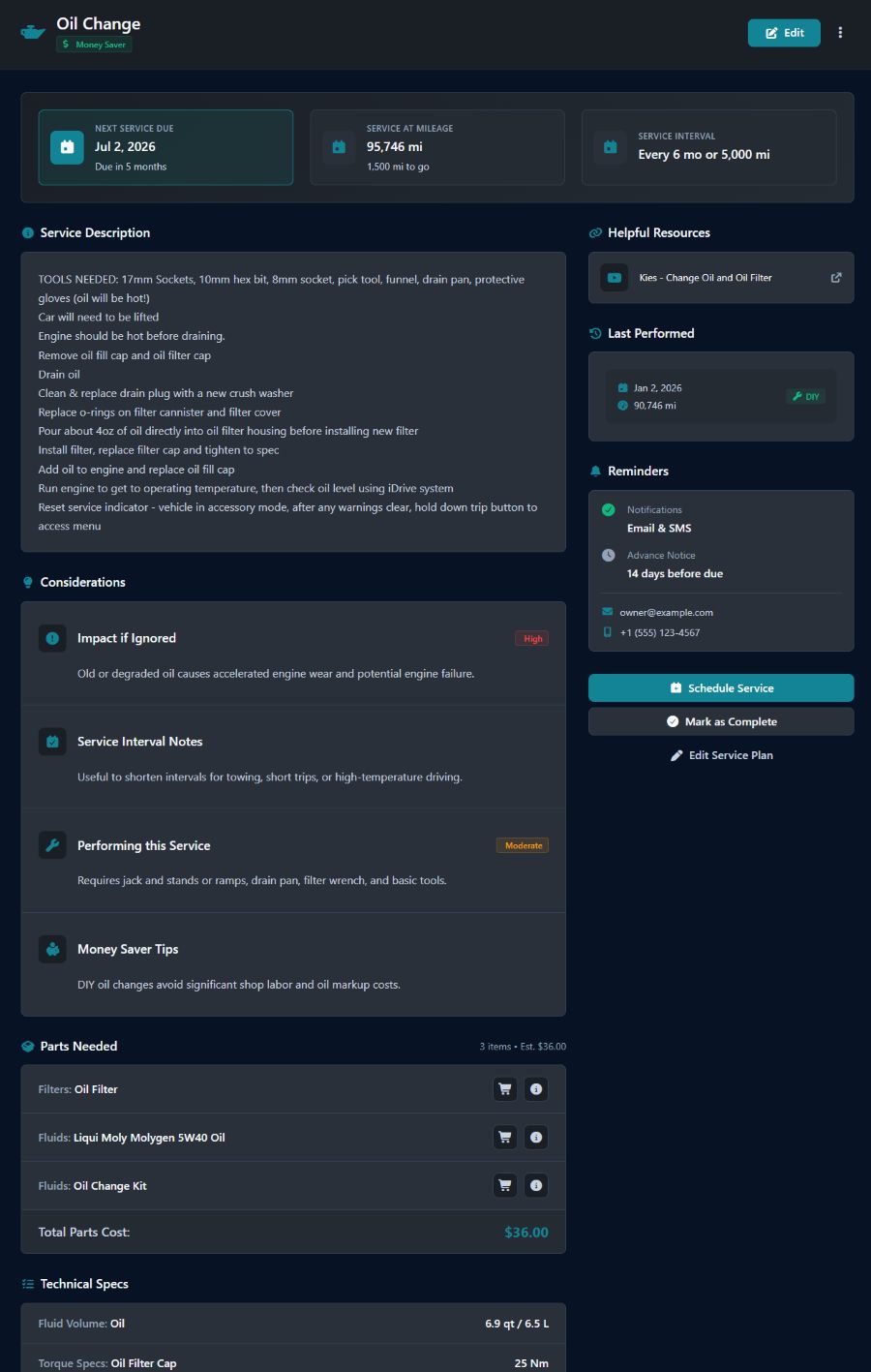 Service plan detail screenshot