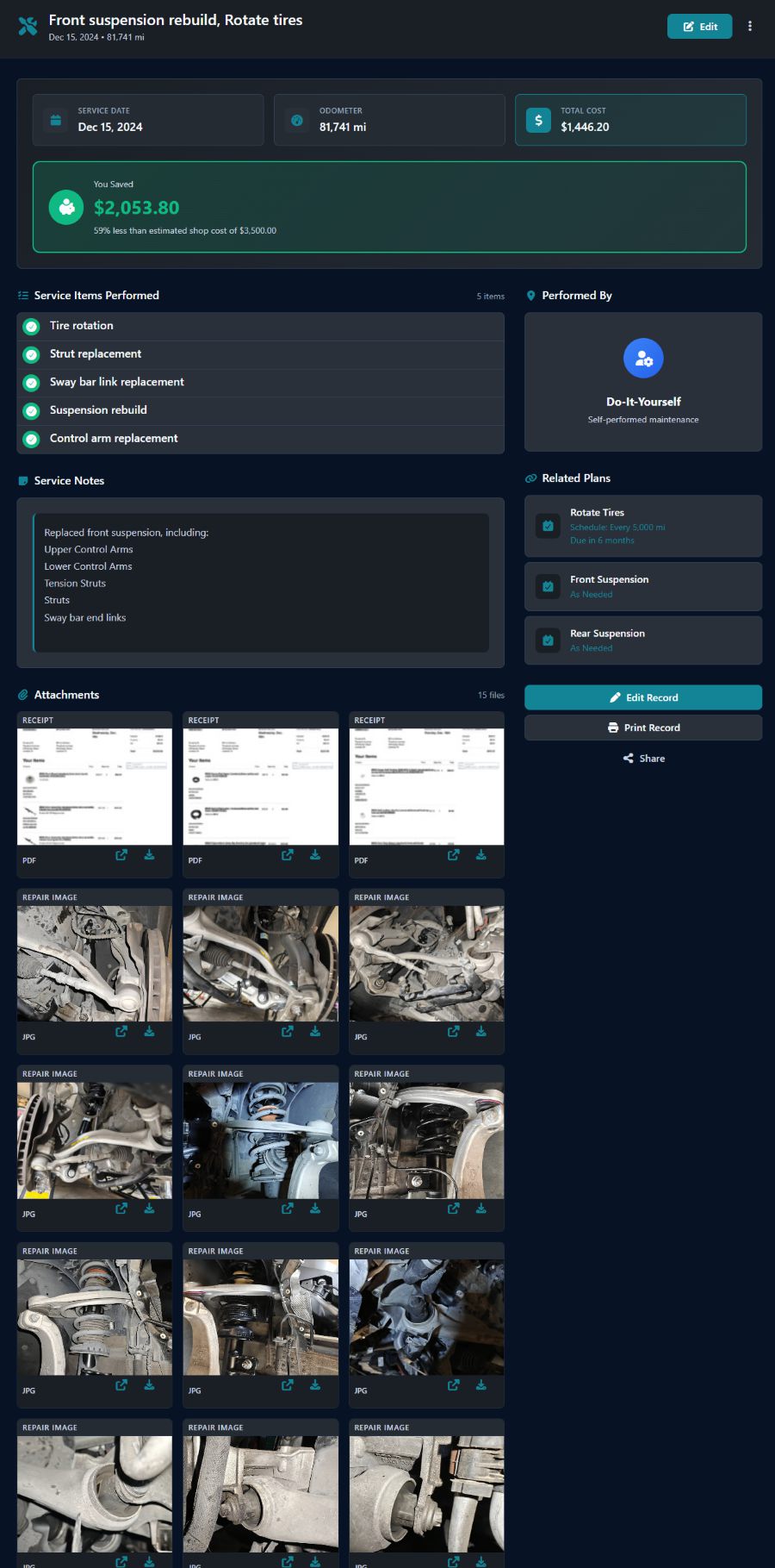 Service record detail screenshot
