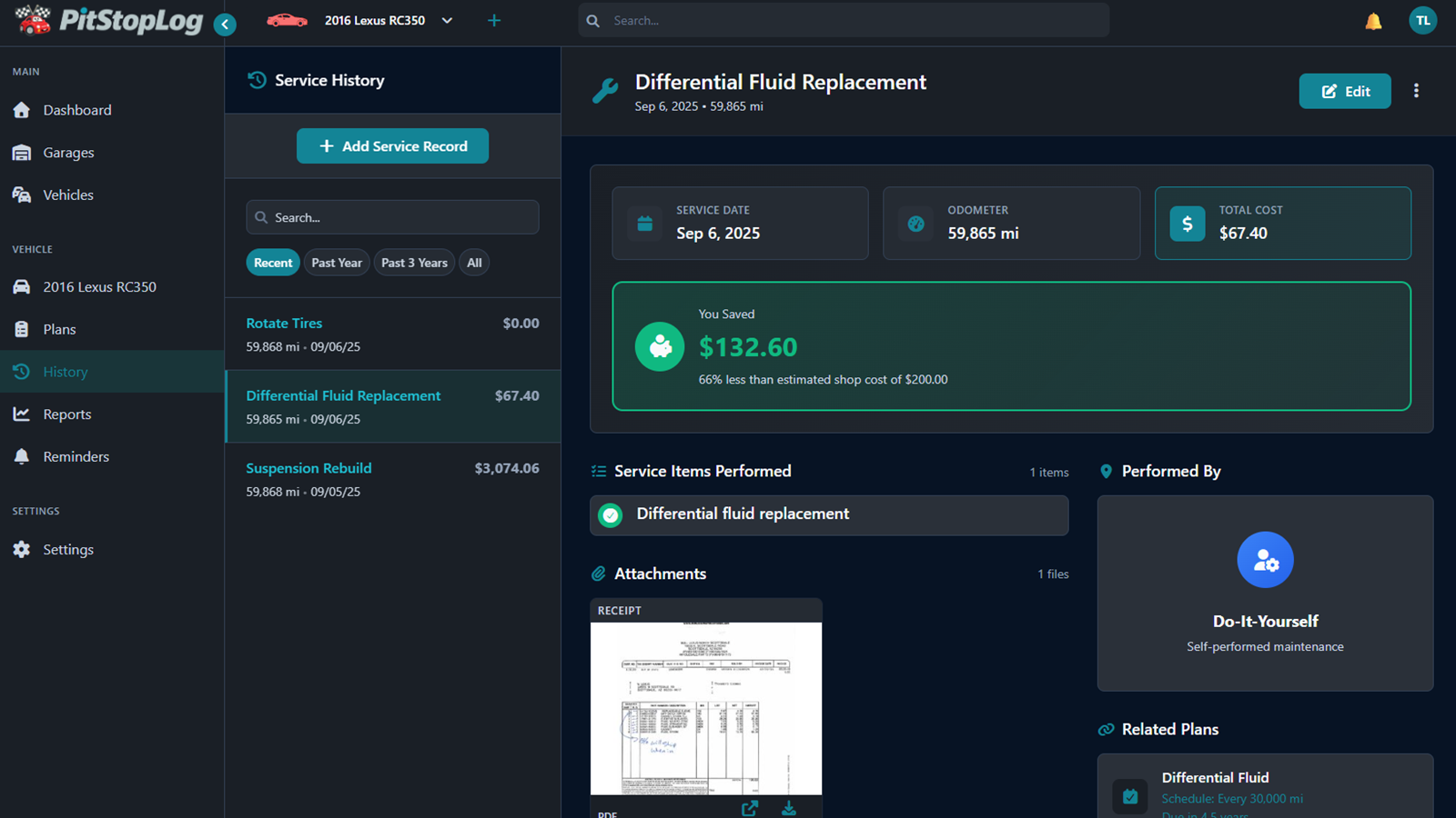 PitStopLog service record showing details of work performed, date, mileage, cost, and notes.