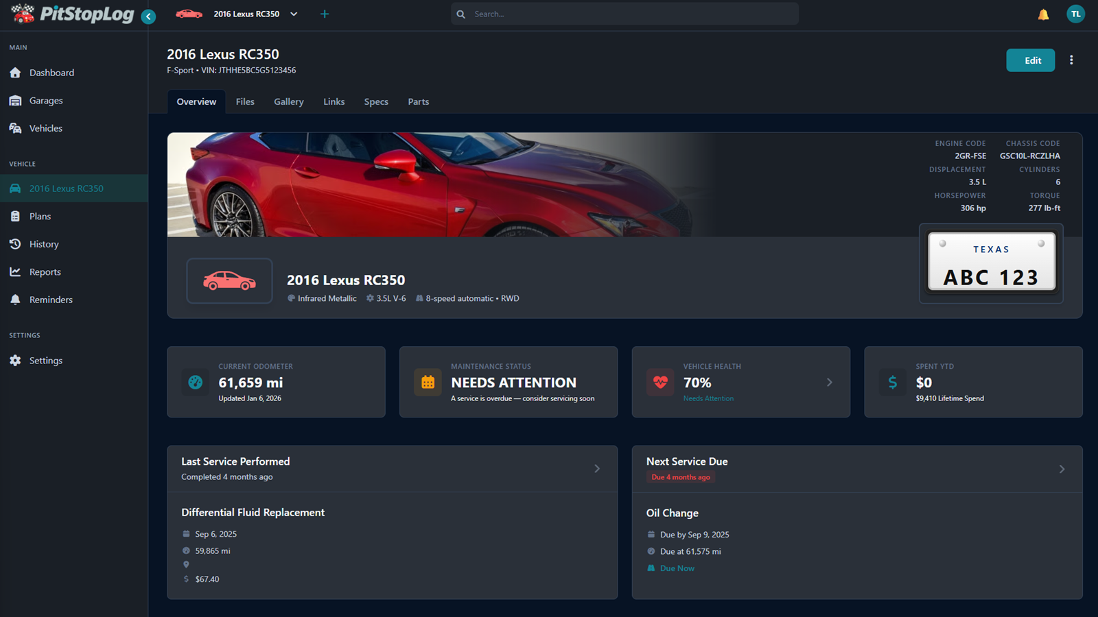 PitStopLog desktop vehicle overview